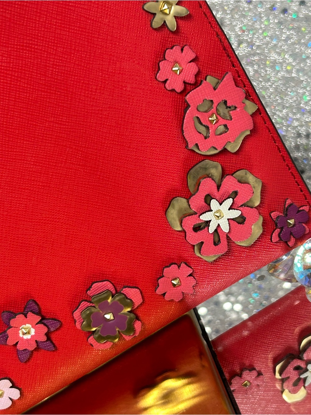 Michael Kors Reddish Orange Floral Appliqué Saffiano Wristlet Approx. 10 x 6 - Picture 16 of 16
